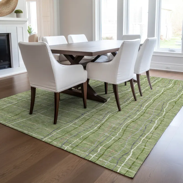 5' X 8' Green Ivory And Gray Striped Washable Indoor Outdoor Area Rug