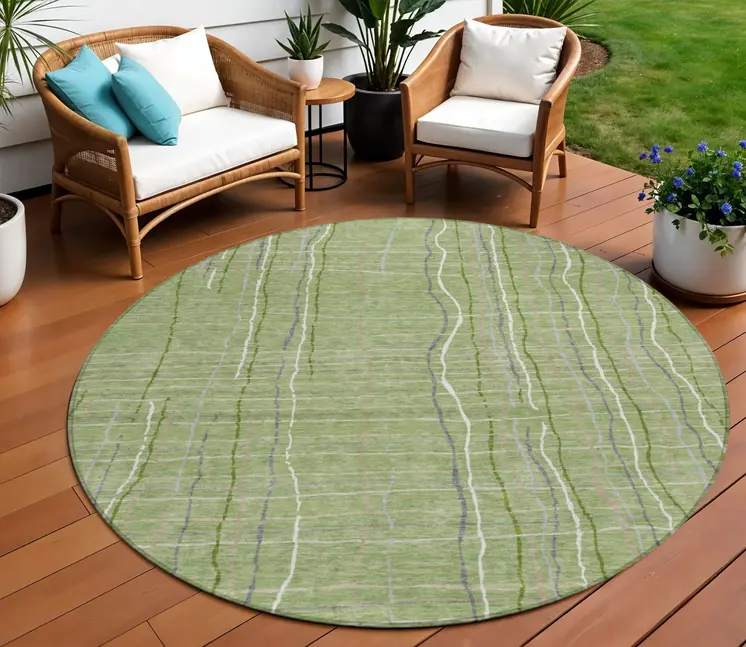 8' Green Ivory And Gray Round Striped Washable Indoor Outdoor Area Rug