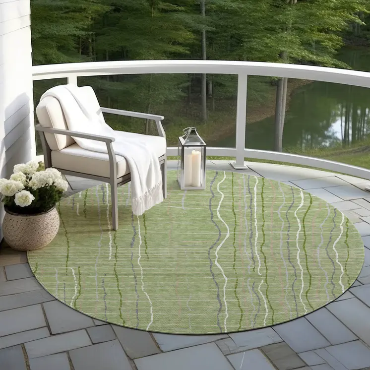 8' Green Ivory And Gray Round Striped Washable Indoor Outdoor Area Rug