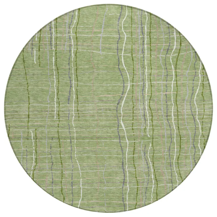 8' Green Ivory And Gray Round Striped Washable Indoor Outdoor Area Rug