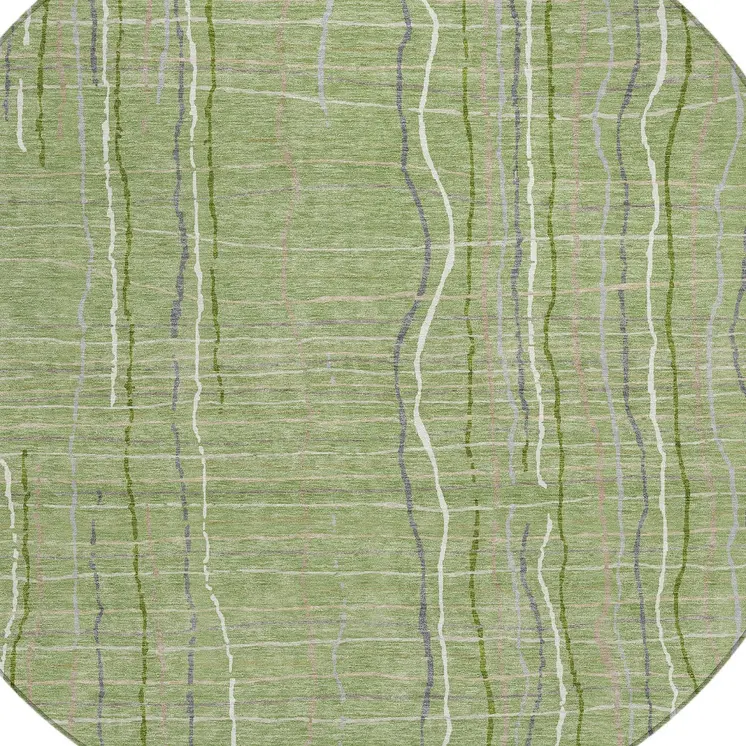 8' Green Ivory And Gray Round Striped Washable Indoor Outdoor Area Rug