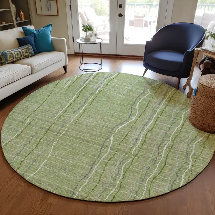 8' Green Ivory And Gray Round Striped Washable Indoor Outdoor Area Rug