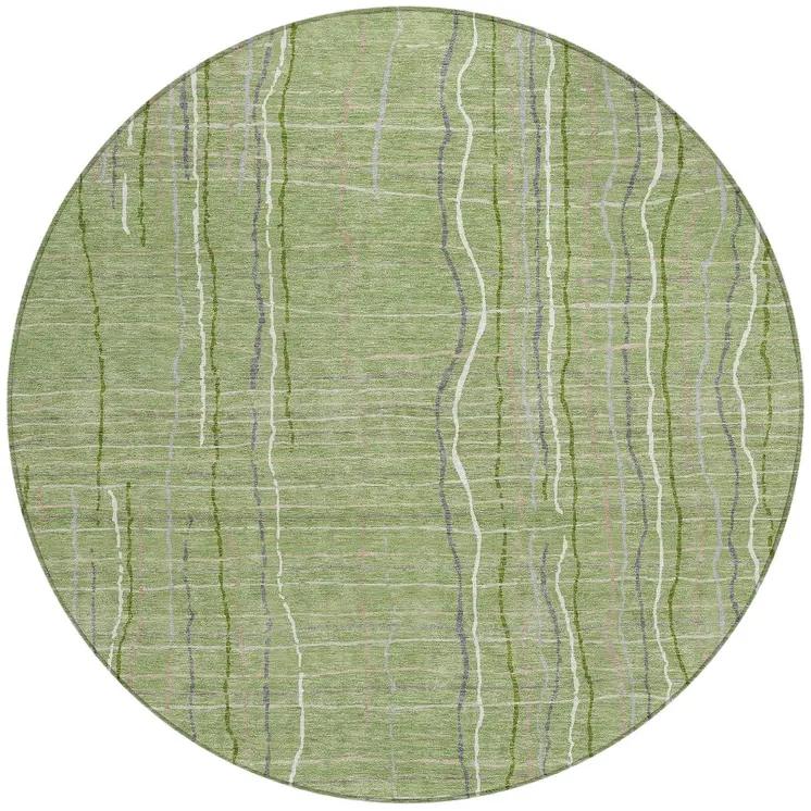8' Green Ivory And Gray Round Striped Washable Indoor Outdoor Area Rug
