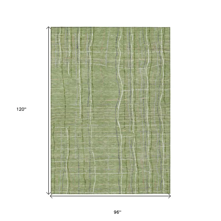 8' X 10' Green Ivory And Gray Striped Washable Indoor Outdoor Area Rug