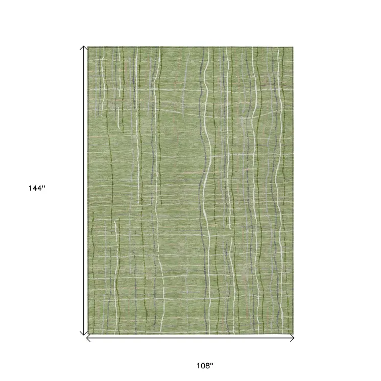 9' X 12' Green Ivory And Gray Striped Washable Indoor Outdoor Area Rug