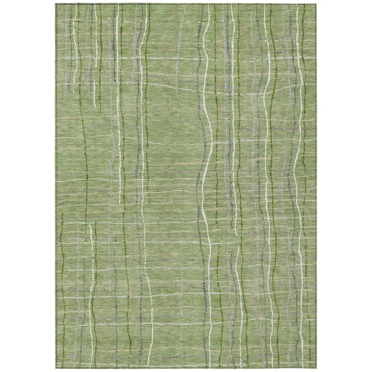 9' X 12' Green Ivory And Gray Striped Washable Indoor Outdoor Area Rug