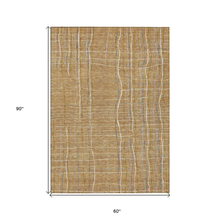 5' X 8' Gold Gray And Ivory Striped Washable Indoor Outdoor Area Rug