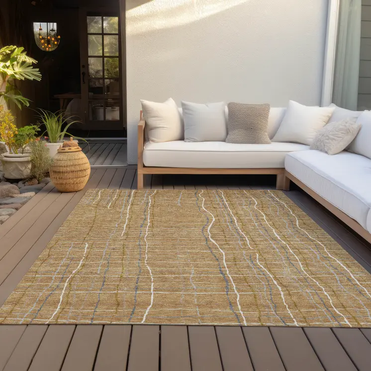 5' X 8' Gold Gray And Ivory Striped Washable Indoor Outdoor Area Rug