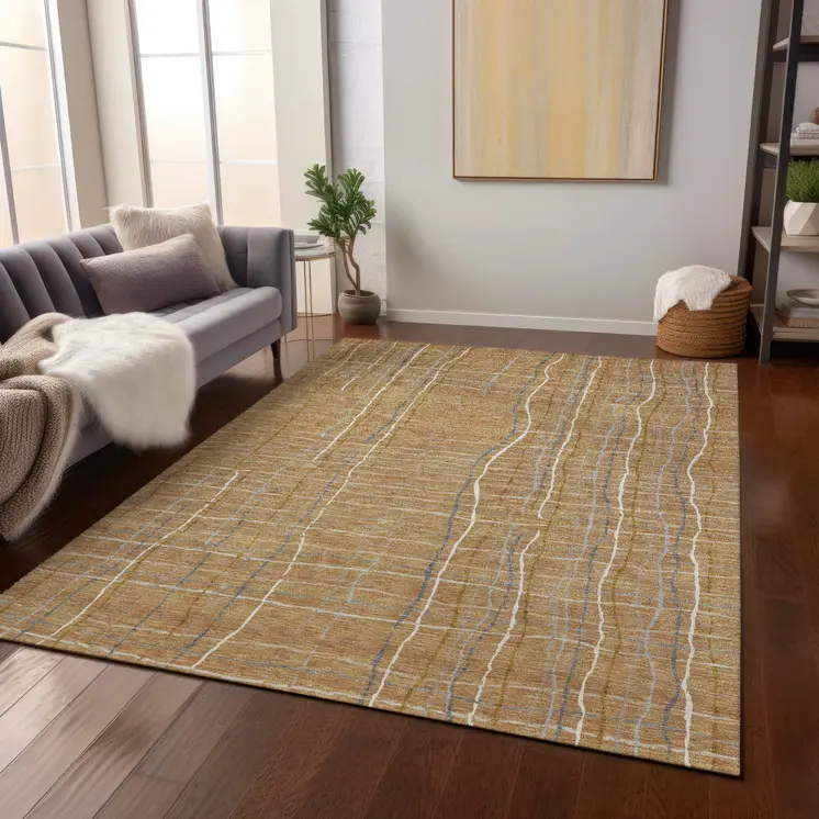 5' X 8' Gold Gray And Ivory Striped Washable Indoor Outdoor Area Rug