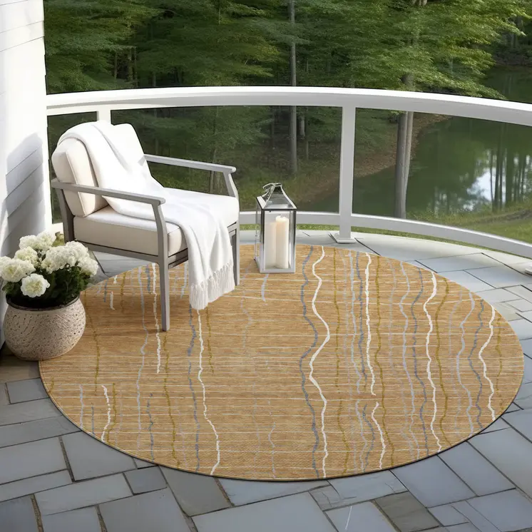 8' Gold Gray And Ivory Round Striped Washable Indoor Outdoor Area Rug