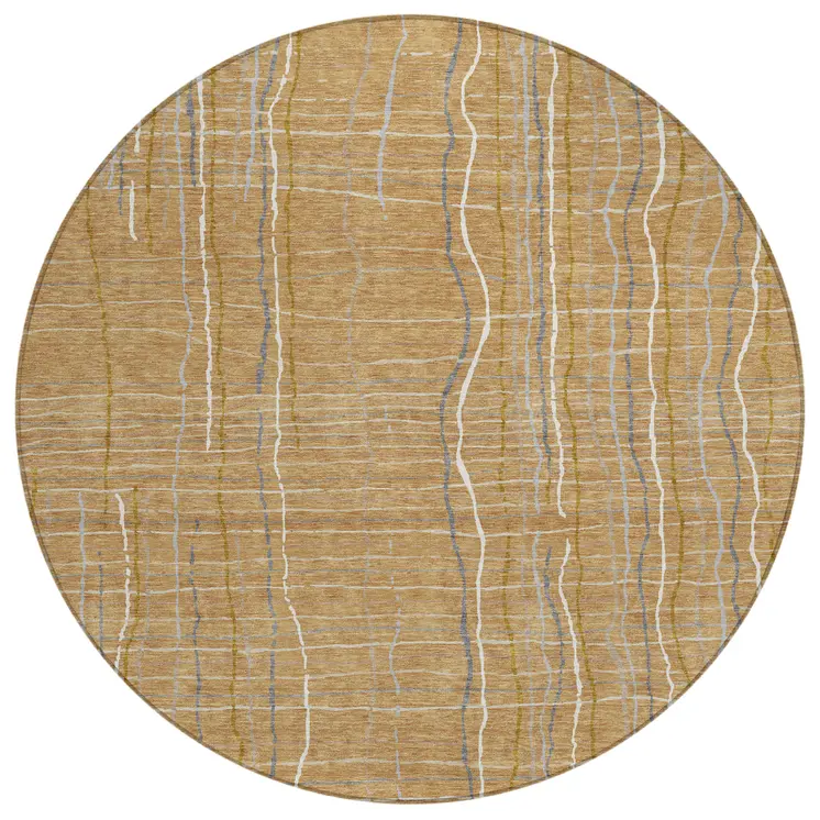 8' Gold Gray And Ivory Round Striped Washable Indoor Outdoor Area Rug