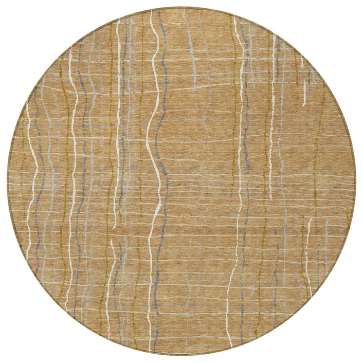 8' Gold Gray And Ivory Round Striped Washable Indoor Outdoor Area Rug