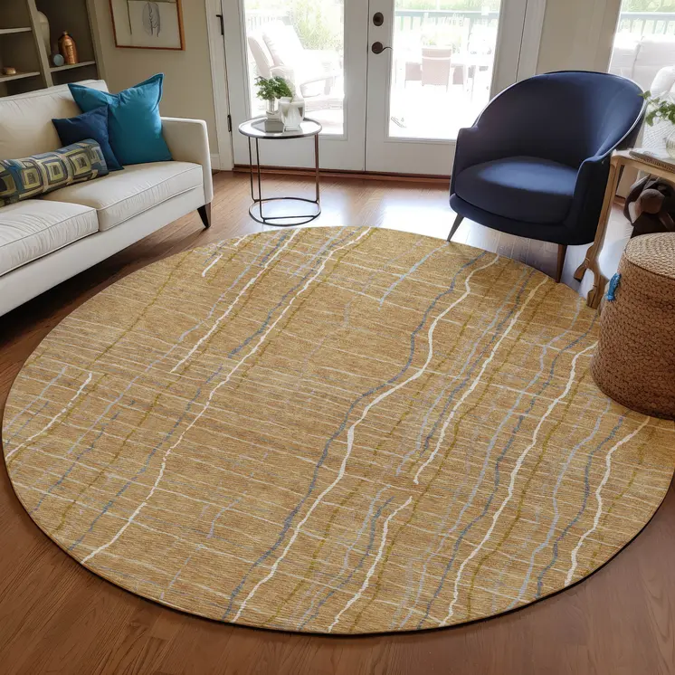 8' Gold Gray And Ivory Round Striped Washable Indoor Outdoor Area Rug