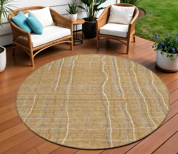 8' Gold Gray And Ivory Round Striped Washable Indoor Outdoor Area Rug