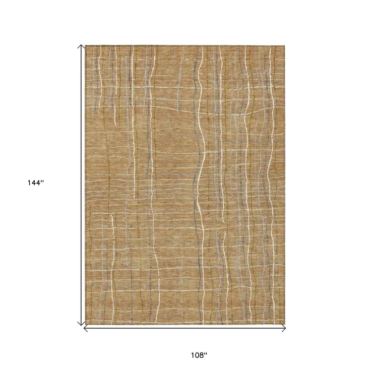 9' X 12' Gold Gray And Ivory Striped Washable Indoor Outdoor Area Rug