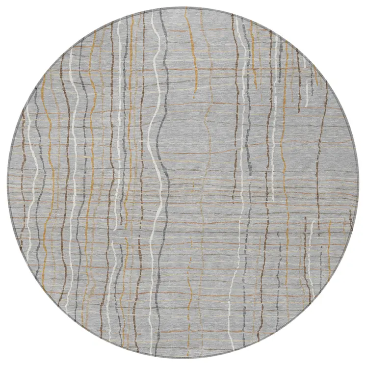 8' Gray Brown And Ivory Round Striped Washable Indoor Outdoor Area Rug
