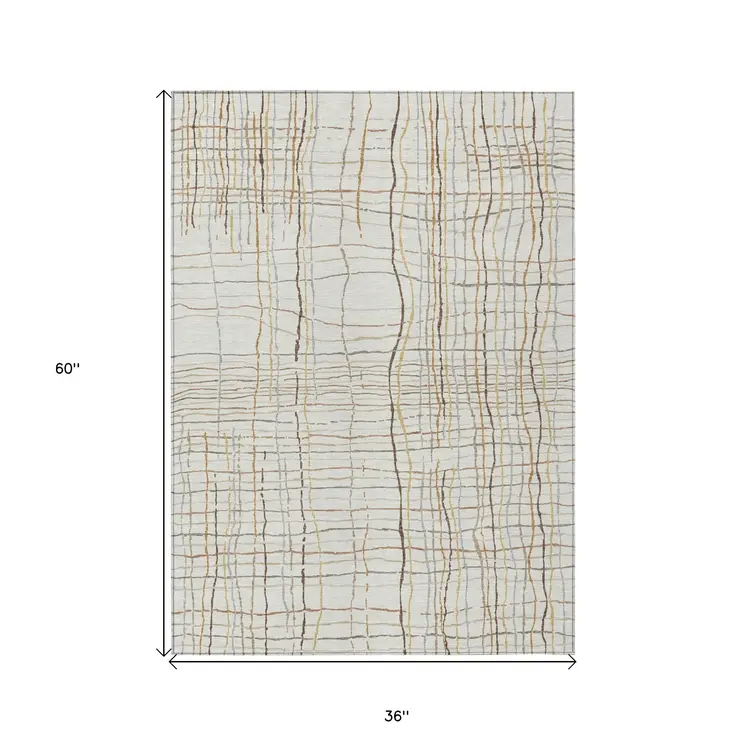 3' X 5' Ivory Brown And Gold Striped Washable Indoor Outdoor Area Rug