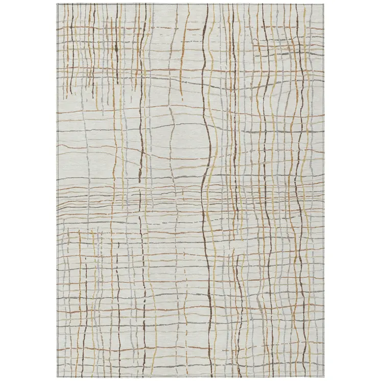 3' X 5' Ivory Brown And Gold Striped Washable Indoor Outdoor Area Rug