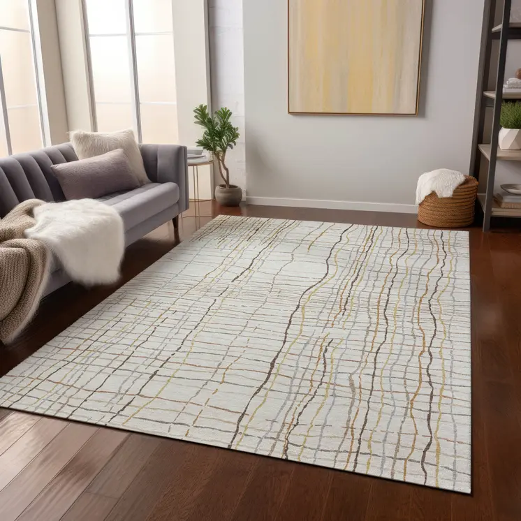 3' X 5' Ivory Brown And Gold Striped Washable Indoor Outdoor Area Rug