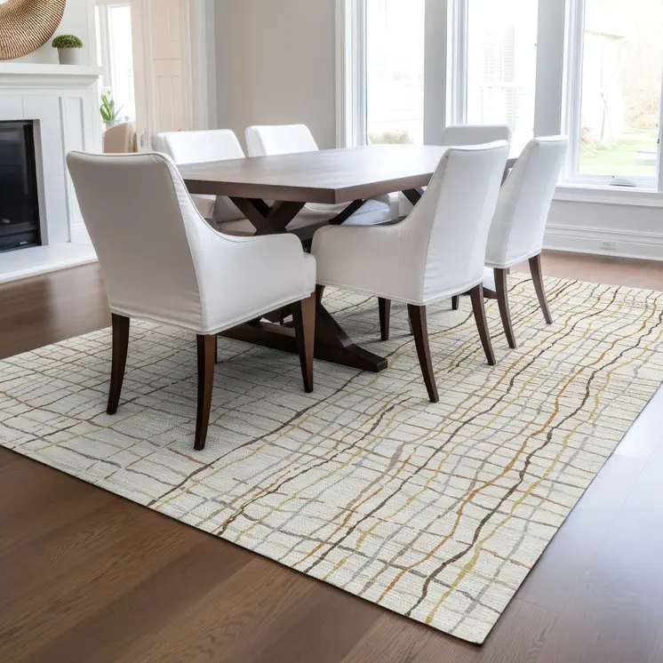 3' X 5' Ivory Brown And Gold Striped Washable Indoor Outdoor Area Rug