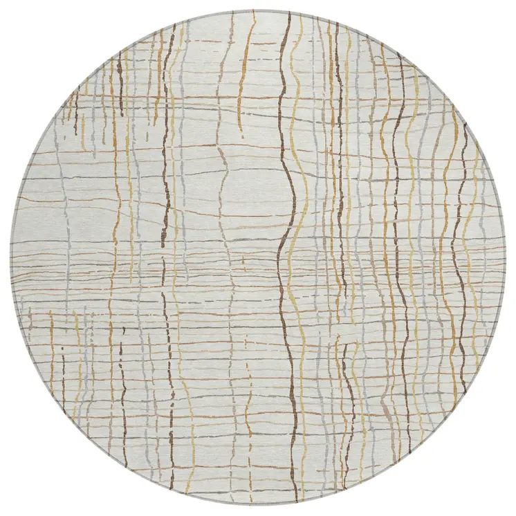 8' Ivory Brown And Gold Round Striped Washable Indoor Outdoor Area Rug