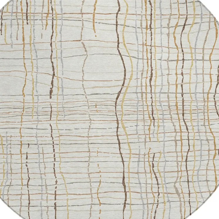 8' Ivory Brown And Gold Round Striped Washable Indoor Outdoor Area Rug