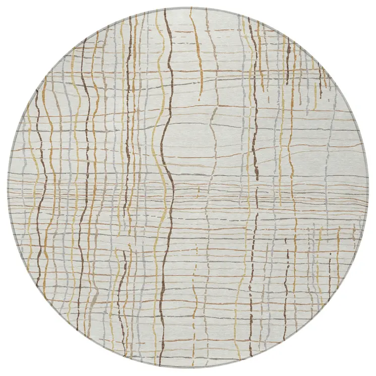 8' Ivory Brown And Gold Round Striped Washable Indoor Outdoor Area Rug