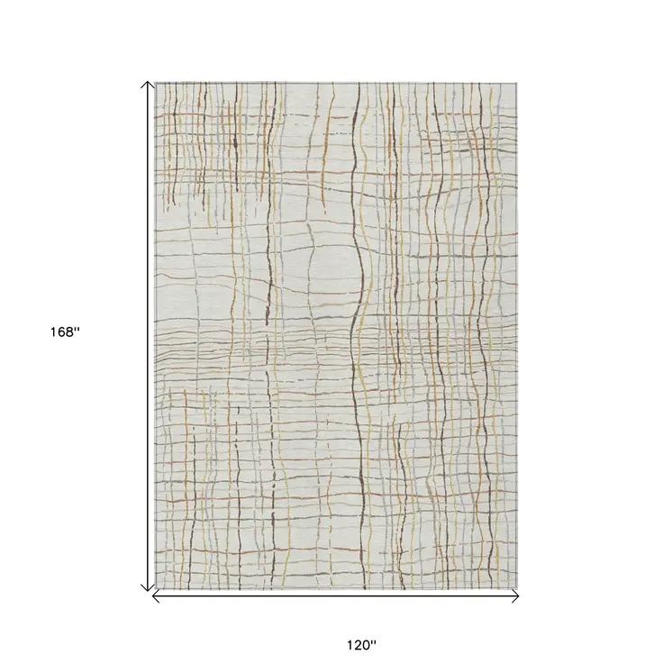 10' X 14' Ivory Brown And Gold Striped Washable Indoor Outdoor Area Rug