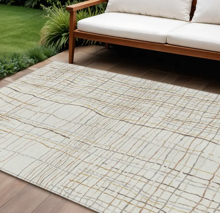 10' X 14' Ivory Brown And Gold Striped Washable Indoor Outdoor Area Rug