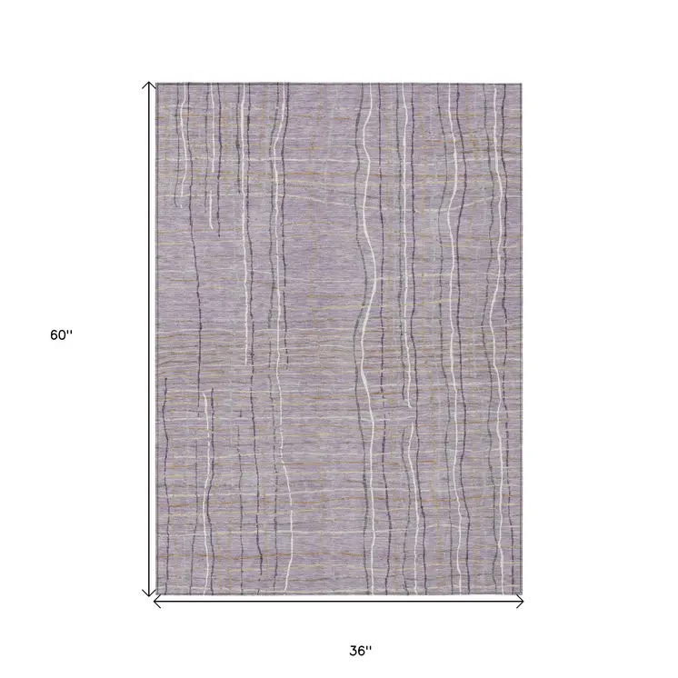 3' X 5' Lavender Ivory And Gray Striped Washable Indoor Outdoor Area Rug