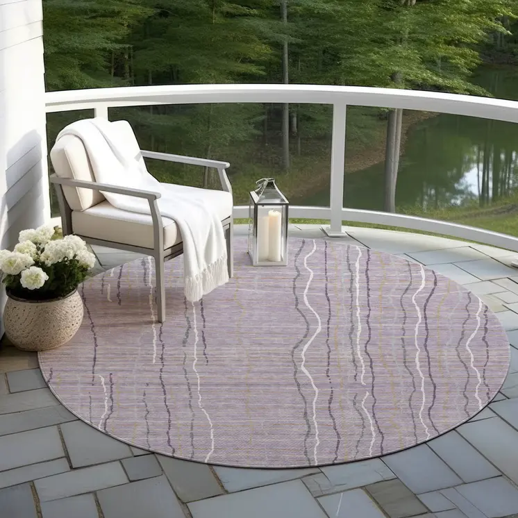 8' Lavender Ivory And Gray Round Striped Washable Indoor Outdoor Area Rug