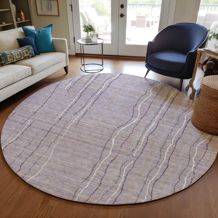 8' Lavender Ivory And Gray Round Striped Washable Indoor Outdoor Area Rug