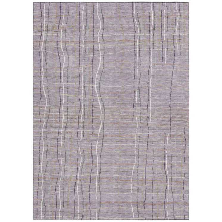 9' X 12' Lavender Ivory And Gray Striped Washable Indoor Outdoor Area Rug