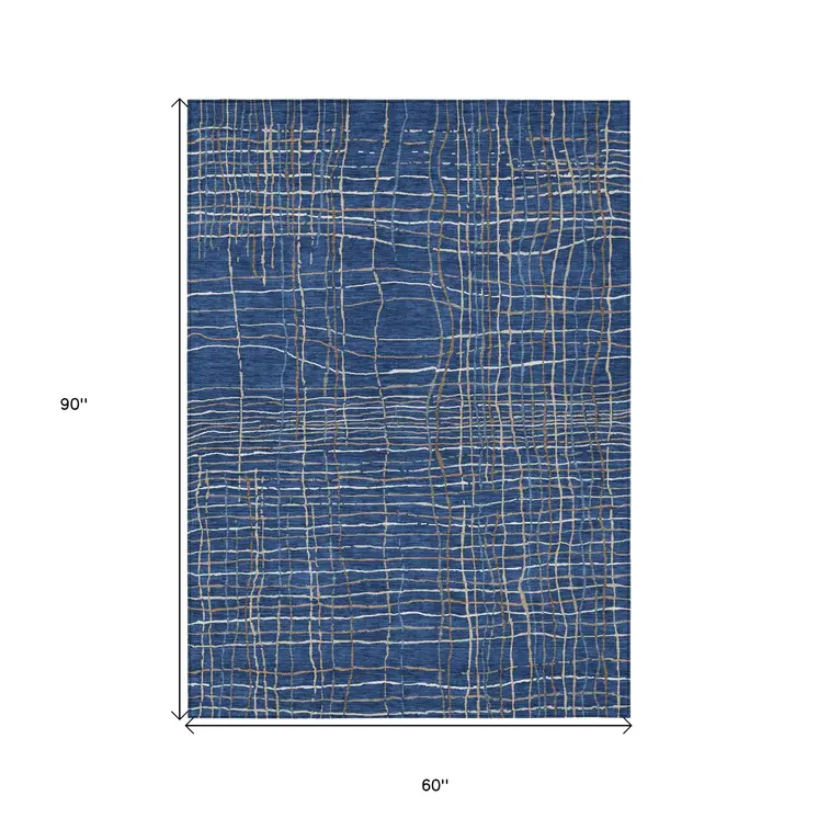 5' X 8' Navy Blue Gray And Brown Striped Washable Indoor Outdoor Area Rug