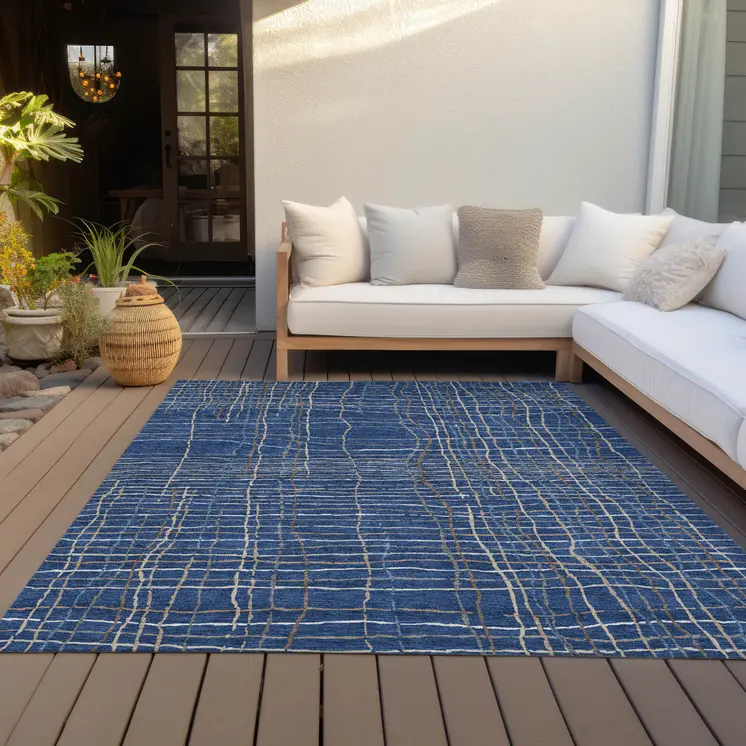 5' X 8' Navy Blue Gray And Brown Striped Washable Indoor Outdoor Area Rug