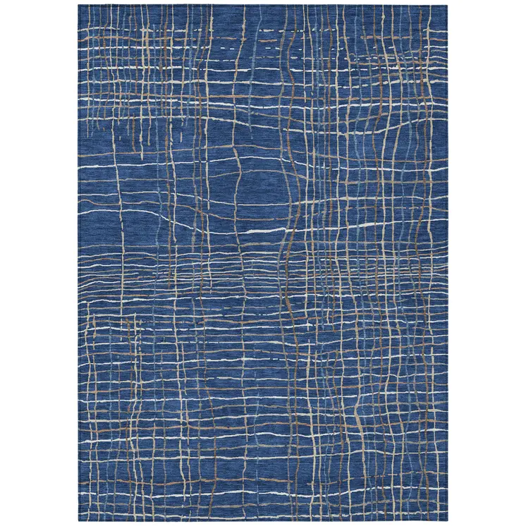 5' X 8' Navy Blue Gray And Brown Striped Washable Indoor Outdoor Area Rug