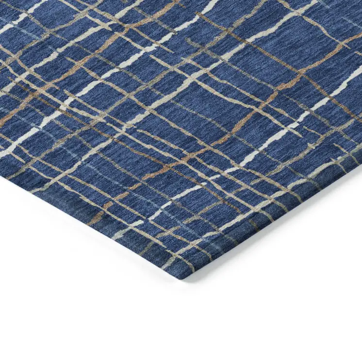5' X 8' Navy Blue Gray And Brown Striped Washable Indoor Outdoor Area Rug