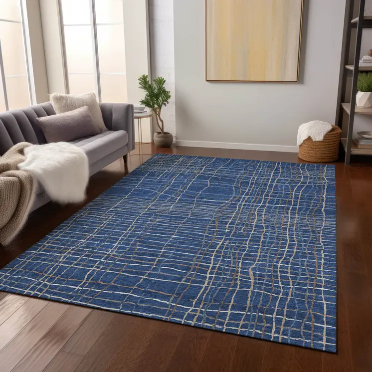 5' X 8' Navy Blue Gray And Brown Striped Washable Indoor Outdoor Area Rug