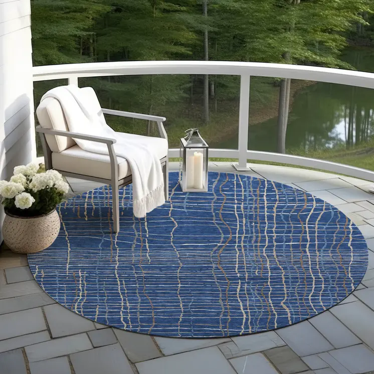 8' Navy Blue Gray And Brown Round Striped Washable Indoor Outdoor Area Rug