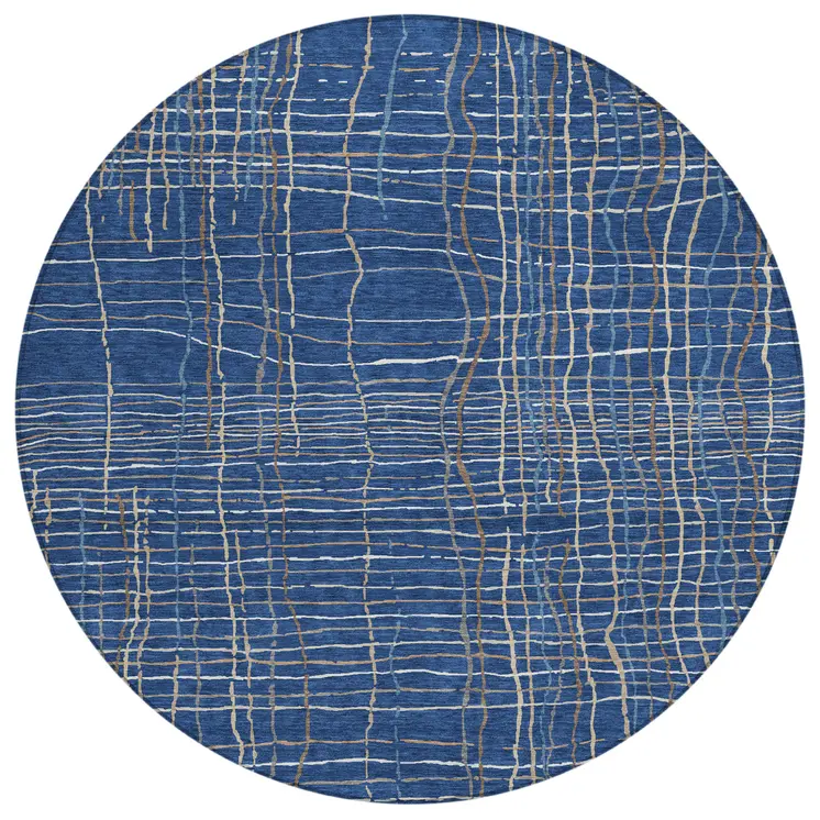 8' Navy Blue Gray And Brown Round Striped Washable Indoor Outdoor Area Rug