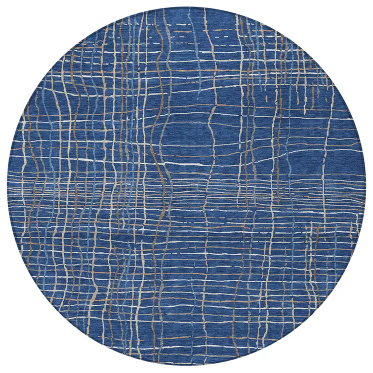 8' Navy Blue Gray And Brown Round Striped Washable Indoor Outdoor Area Rug
