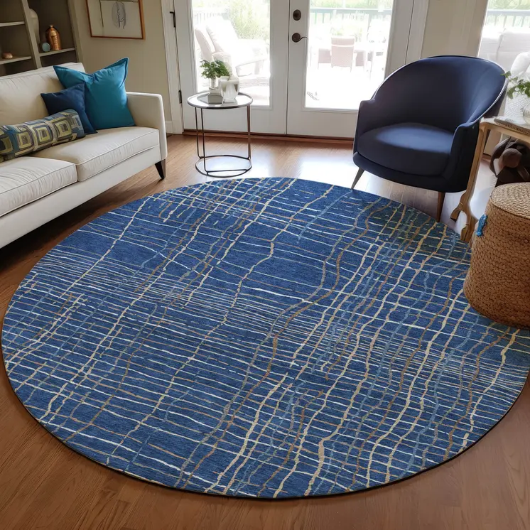 8' Navy Blue Gray And Brown Round Striped Washable Indoor Outdoor Area Rug