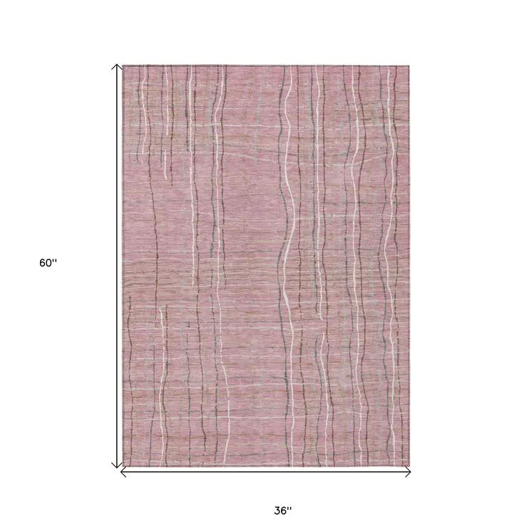 3' X 5' Pink Ivory And Gray Striped Washable Indoor Outdoor Area Rug
