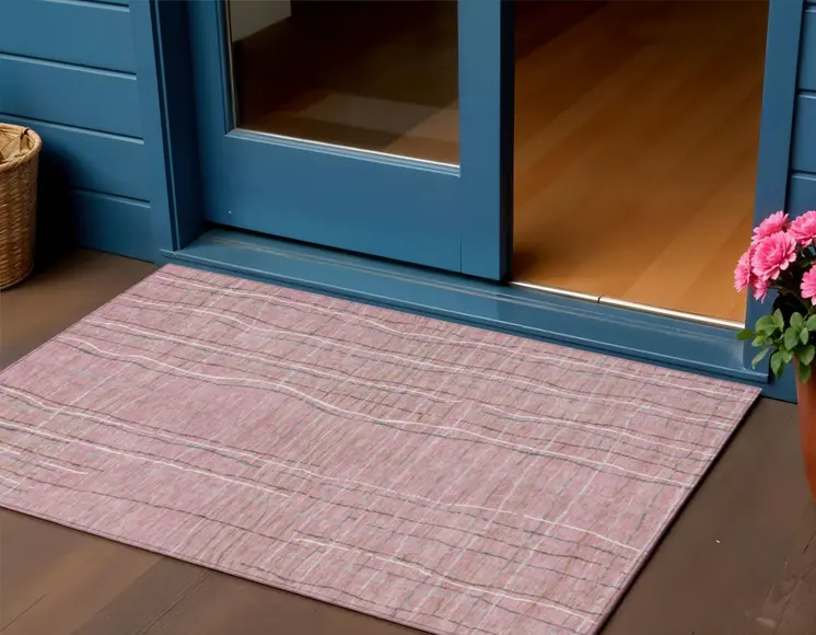 3' X 5' Pink Ivory And Gray Striped Washable Indoor Outdoor Area Rug