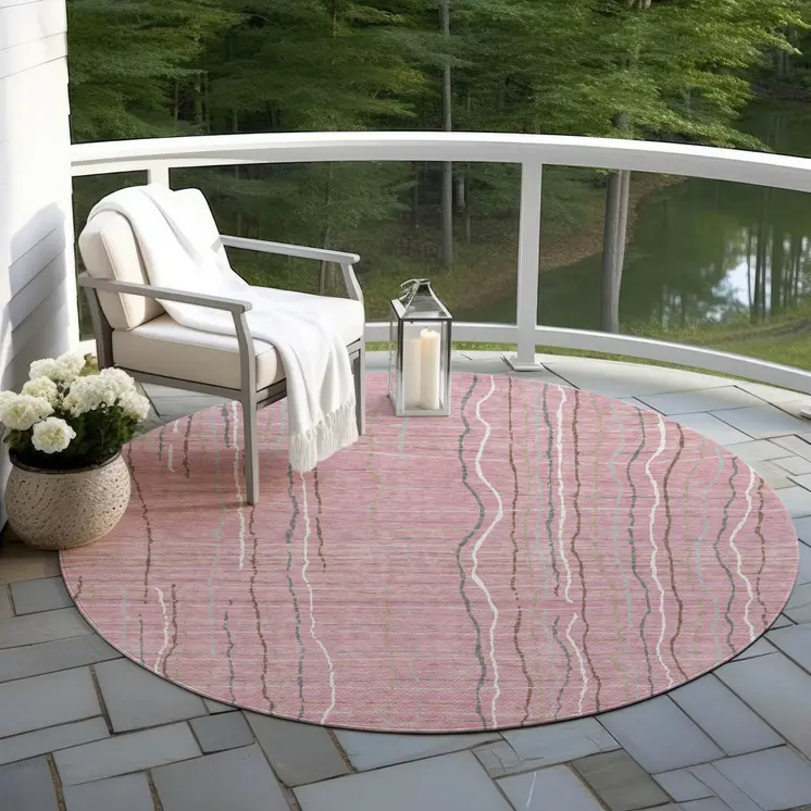 8' Pink Ivory And Gray Round Striped Washable Indoor Outdoor Area Rug