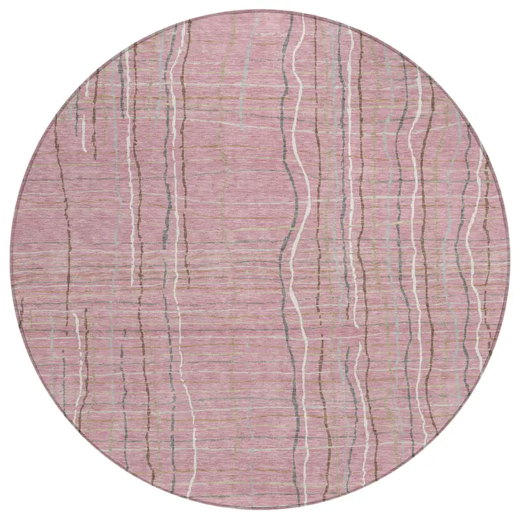 8' Pink Ivory And Gray Round Striped Washable Indoor Outdoor Area Rug