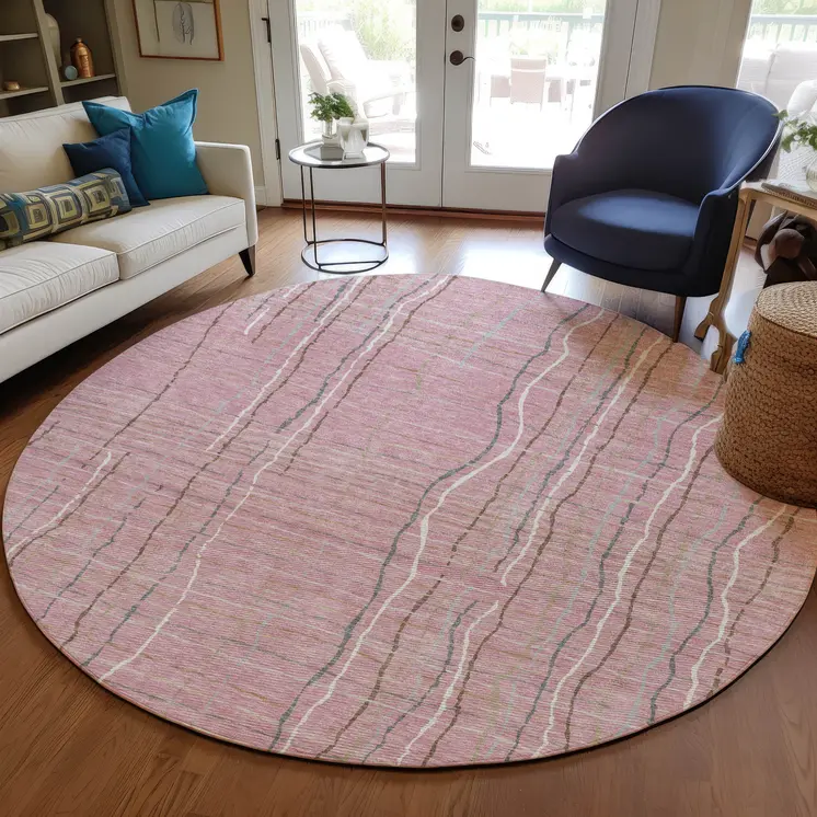8' Pink Ivory And Gray Round Striped Washable Indoor Outdoor Area Rug