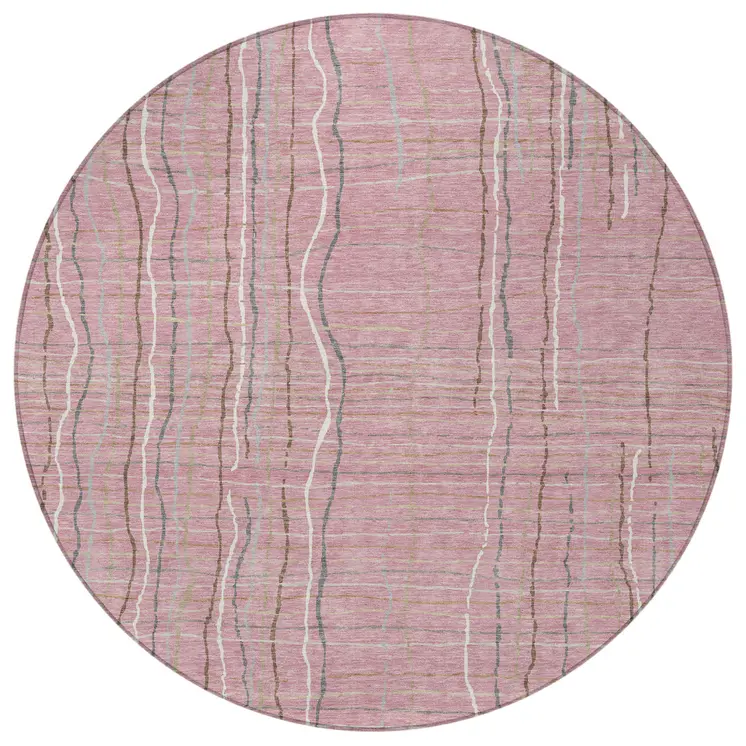 8' Pink Ivory And Gray Round Striped Washable Indoor Outdoor Area Rug