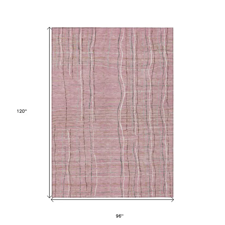 8' X 10' Pink Ivory And Gray Striped Washable Indoor Outdoor Area Rug