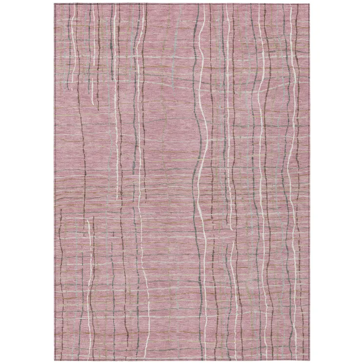 8' X 10' Pink Ivory And Gray Striped Washable Indoor Outdoor Area Rug